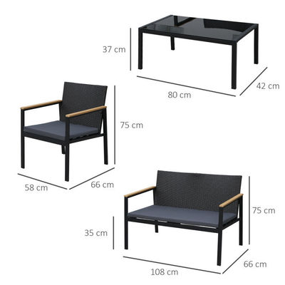 Set di mobili per patio esterno in ferro metallico miscelato con rottano PE impermeabile
