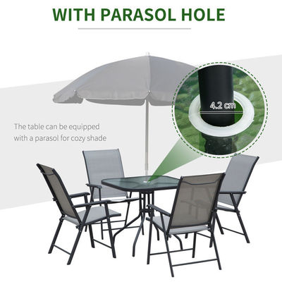 Poltrone pieghevole Mobili da patio 4 posti Set da pranzo con copertura in vetro e buco per ombrello