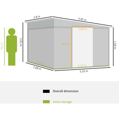 11x9ft Metal Outdoor Shed Casa magazzino Edificio giardino Shed con finitura rivestita in polvere