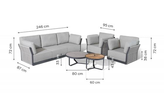 Divano esterno per villa commerciale con telaio in alluminio e tavolo da caffè Dia80 x H33cm