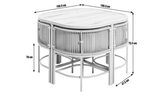 Massimizza il tuo spazio esterno con questo set da pranzo in tessuto di rattan e acciaio che risparmia spazio