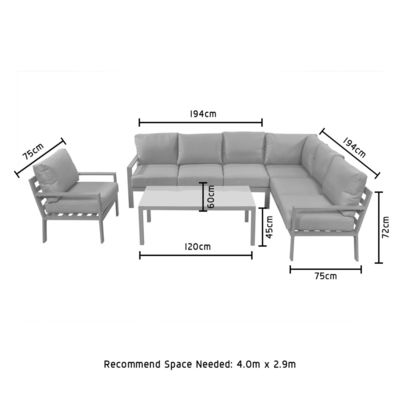 Cornice in alluminio Divano da giardino moderno a forma di L Set con tavolo da caffè Dimensioni L 120 x W60 x H45cm