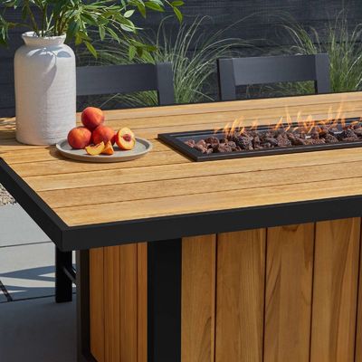 Tavolo da fuoco da pranzo all'aperto Tavolo da fuoco a gas di propano con telaio in alluminio in legno di teak
