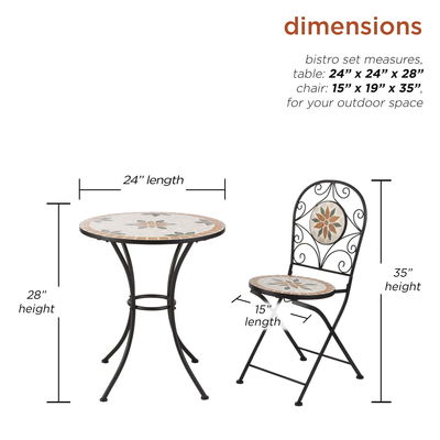 AJUNION 3 pezzi mosaico in ferro piastrelle Patio Bistro Set con tavolo in ceramica e sedie pieghevoli