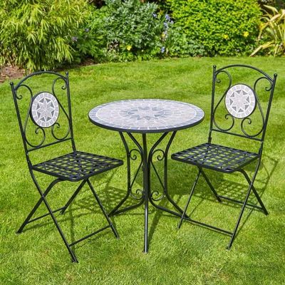 Set di tavolo e sedia in metallo pieghevole per giardino antico mosaico