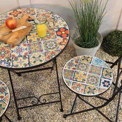 AJUNION 3pcs Outdoor Bistro Metal Table Chair Set Antico Mosaico Ceramica per Giardino