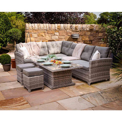 PE Rattan AJUNION Divano d'angolo esterno a sezione Set patio con tavolo da pranzo regolabile