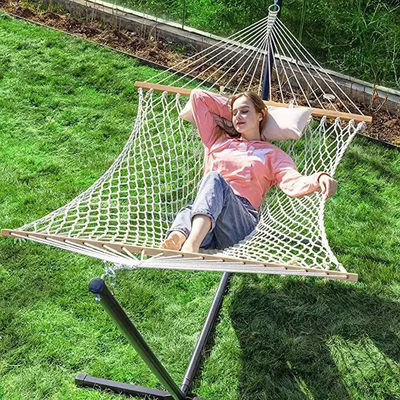 Comodo portatile pieghevole rete di corda di cotone Letto di amaca per campeggio giardino interno esterno