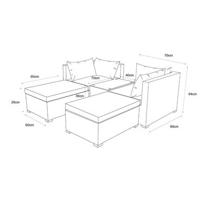 5 pezzi Wicker Rattan Sofa Modulare Esterno Stile di Design Moderno L70xW40xH39cm Dimensione del Tavolo