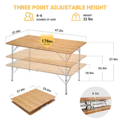 120*70cm Tavolo da tavolo Patio Giardino Bambù Tavolo pieghevole in alluminio per picnic Campeggio Cucina