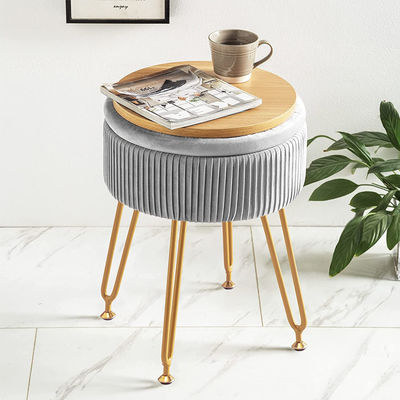 Logo personalizzato Stoccaggio in velluto Scalone ottomano con gambe metalliche e sgabello rotondo per poggiamento dei piedi