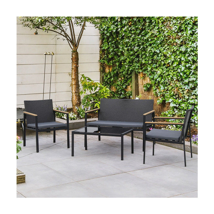 Set di mobili per patio esterno in ferro metallico miscelato con rottano PE impermeabile