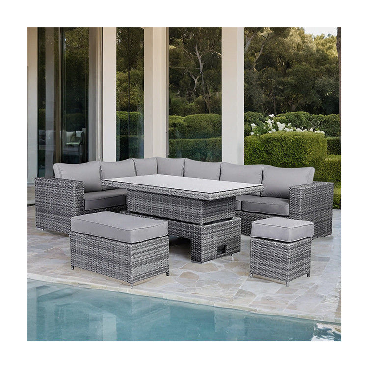 Set di giardino moderno in rattan con divano da pranzo sezionale e mobili esterni a tavolo rialzante