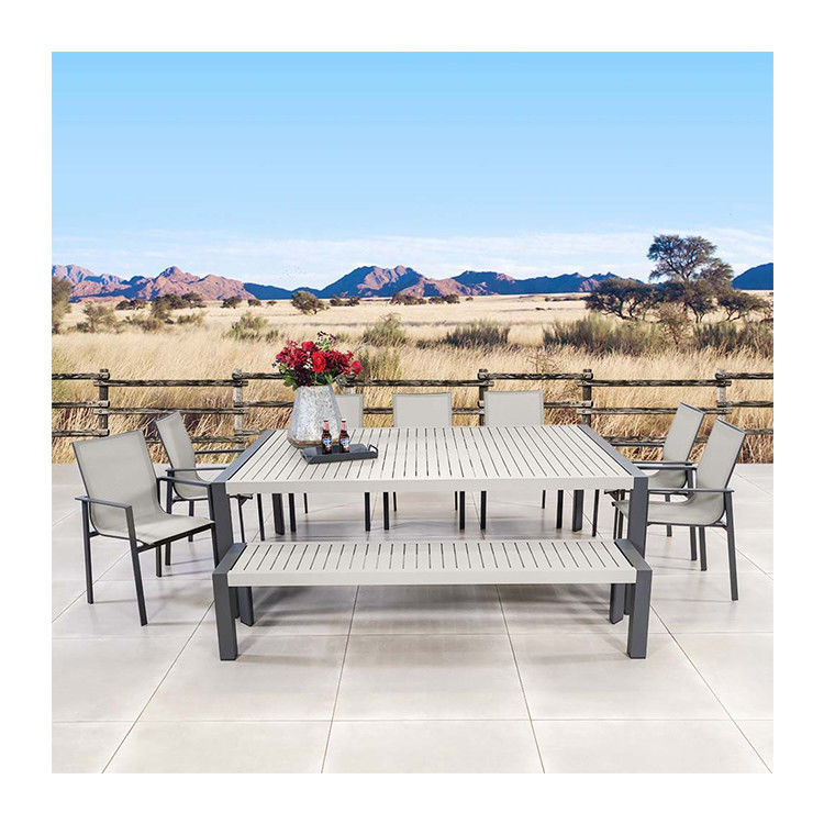 Set da pranzo all'aperto con panca AJUNION 9 pezzi telaio in alluminio e mobili per patio in metallo