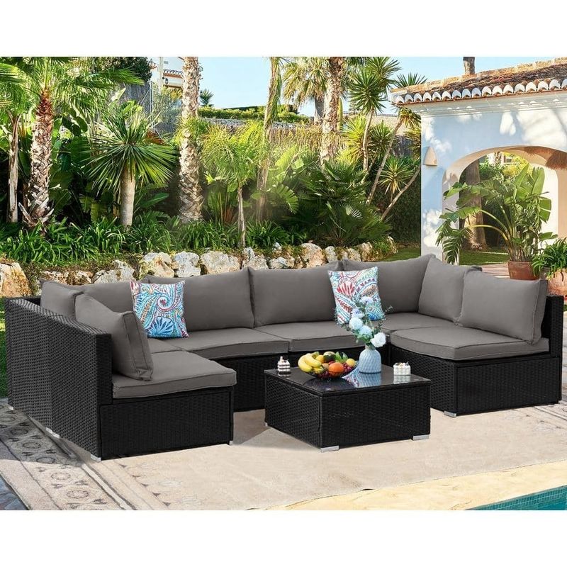 AJUNION Wicker Rattan PE Divano sezionale Set giardino Mobili da patio Set di conversazione Mobili per esterni