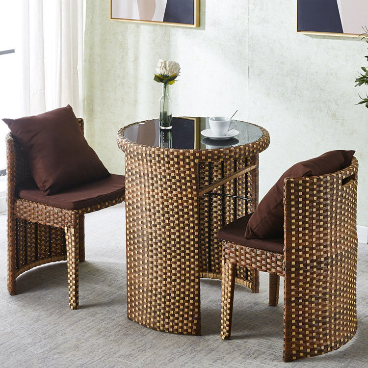 Tavolo da pranzo e sedia rotondo in vetro temperato di rattan per caffè