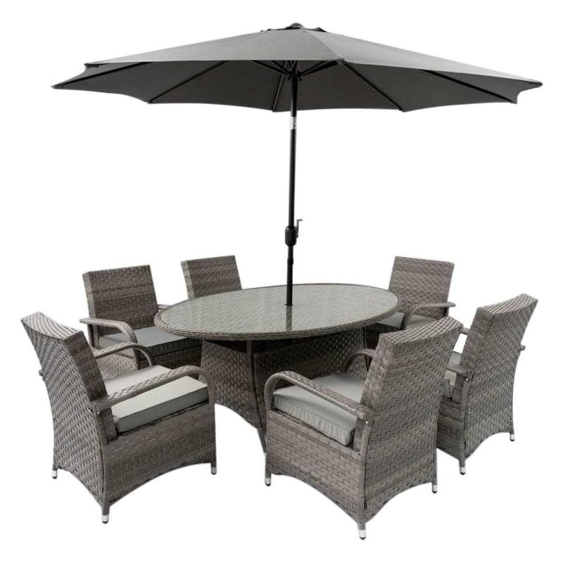 Set da pranzo esterno da 9 posti con tavolo rotondo e cuscini di AJUNION Rattan Furniture