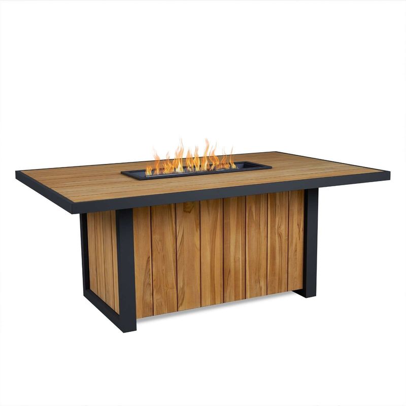 Tavolo da fuoco da pranzo all'aperto Tavolo da fuoco a gas di propano con telaio in alluminio in legno di teak