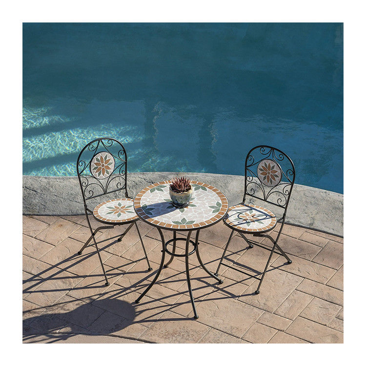 AJUNION 3 pezzi mosaico in ferro piastrelle Patio Bistro Set con tavolo in ceramica e sedie pieghevoli
