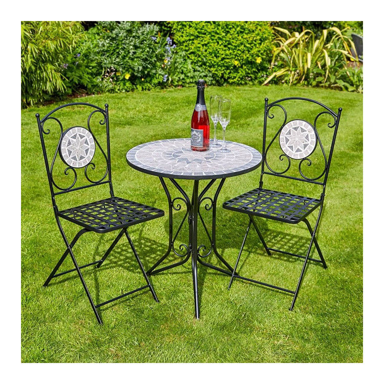 Set di tavolo e sedia in metallo pieghevole per giardino antico mosaico