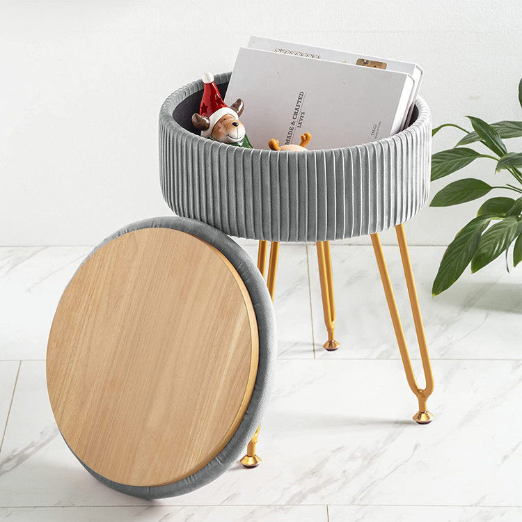 Logo personalizzato Stoccaggio in velluto Scalone ottomano con gambe metalliche e sgabello rotondo per poggiamento dei piedi